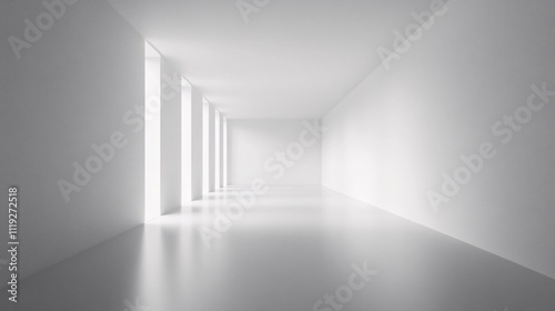 Minimalist white hallway with light streaming through rectangular windows, creating a clean and modern atmosphere. Generative ai