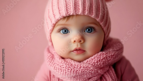 Adorable Baby Girl in a Pink Knit Hat and Scarf