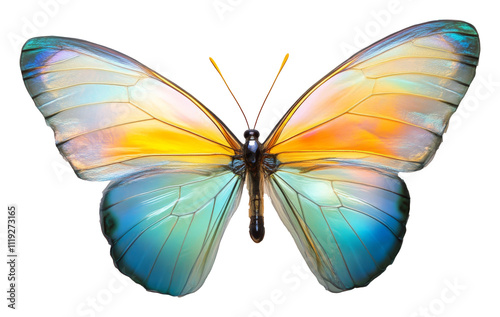 Colorful butterfly with vibrant blue and orange wings on transparent background, close-up nature concept