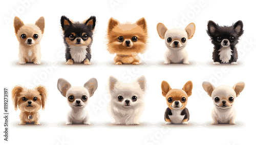 Adorable Chihuahuas and Pomeranians: A collection of twelve charming small dog breeds, each with unique coats and expressions. Perfect for pet lovers and businesses targeting the pet industry. 