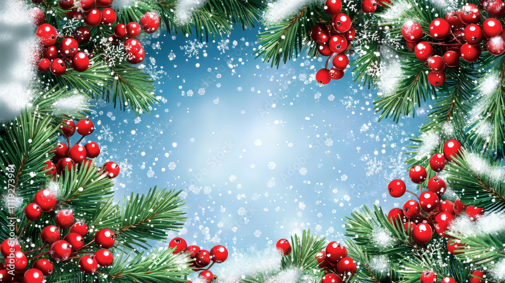 Holiday frame of Christmas tree branches with red holly berries and white snow. Banner, poster or card decoration with border of green pine or fir twigs with mistletoe, vector realistic illustration Holiday frame of Christmas tree branches with red holly berries and white snow. Banner, poster or card decoration with border of green pine or fir twigs with mistletoe, vector realistic illustration