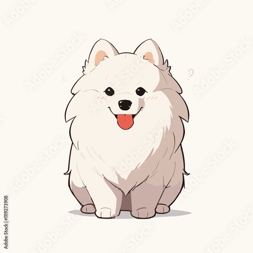 Adorable White Pomeranian Puppy Cartoon Illustration. Cute Dog Vector.