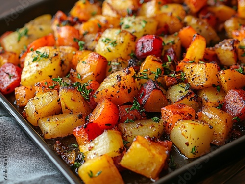 A vibrant mix of roasted vegetables, including sweet potatoes and peppers, garnished with herbs, showcasing a colorful and appetizing dish.