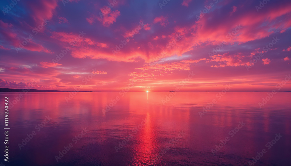 Vibrant Purple Sunset Over Tranquil Ocean Waters with Text Space Vibrant Purple Sunset Over Tranquil Ocean Waters with Text Space
