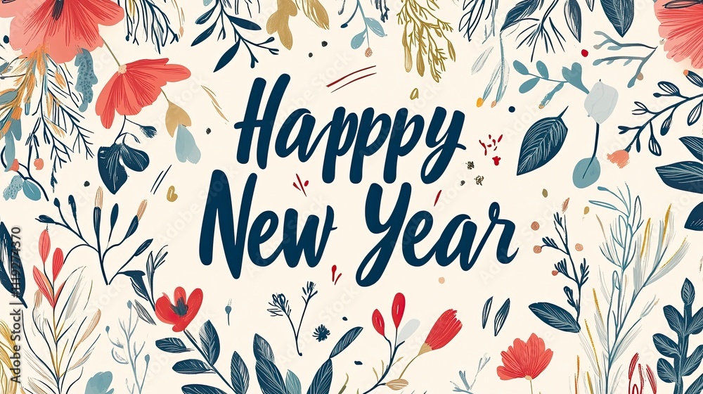 Wishing a Happy New Year in a whimsical font on a soft cream background adorned with delicate floral patterns, creating an inviting card with plenty of space for personal messages. Wishing a Happy New Year in a whimsical font on a soft cream background adorned with delicate floral patterns, creating an inviting card with plenty of space for personal messages.