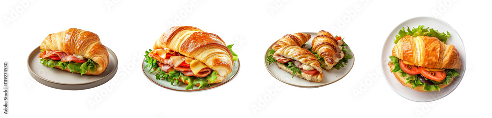 Croissant Sandwich with Bacon, Lettuce, and Tomato on a Plate Set Croissant Sandwich with Bacon, Lettuce, and Tomato on a Plate Set