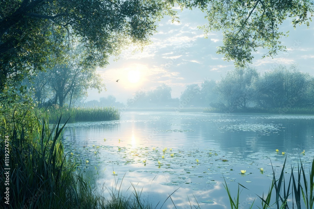 Fototapeta premium A fresh morning with the sun rising over a calm lake, signaling a new day. The air is filled with possibilities