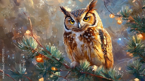 Majestic Owl in Winter Wonderland: A Digital Painting of a Brown Owl Perched on a Pine Branch, Adorned with Festive Lights and a Dreamy Background photo