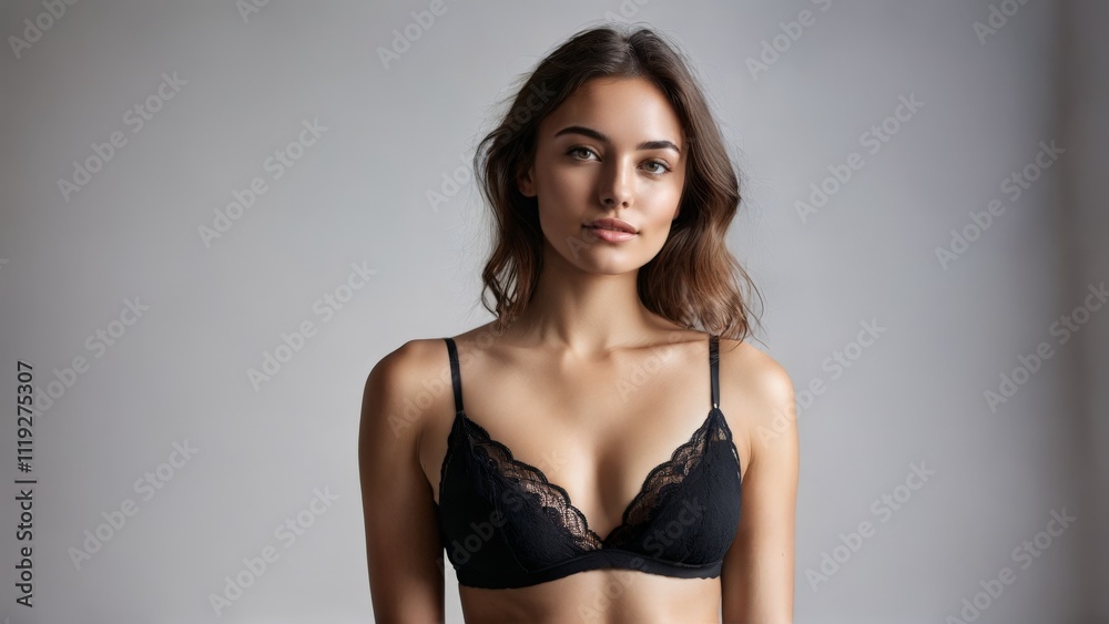 Confident woman in simple black bralette clear studio backdrop dynamic pose happy