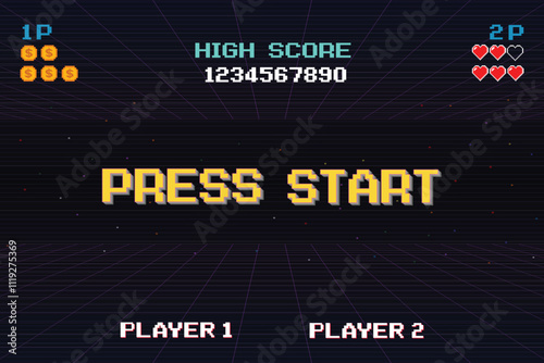 PRESS START. INSERT A COIN TO CONTINUE. pixel art. 8 bit game. Retro Futurism Sci-Fi Background. glowing neon grid. and stars from vintage arcade computer games