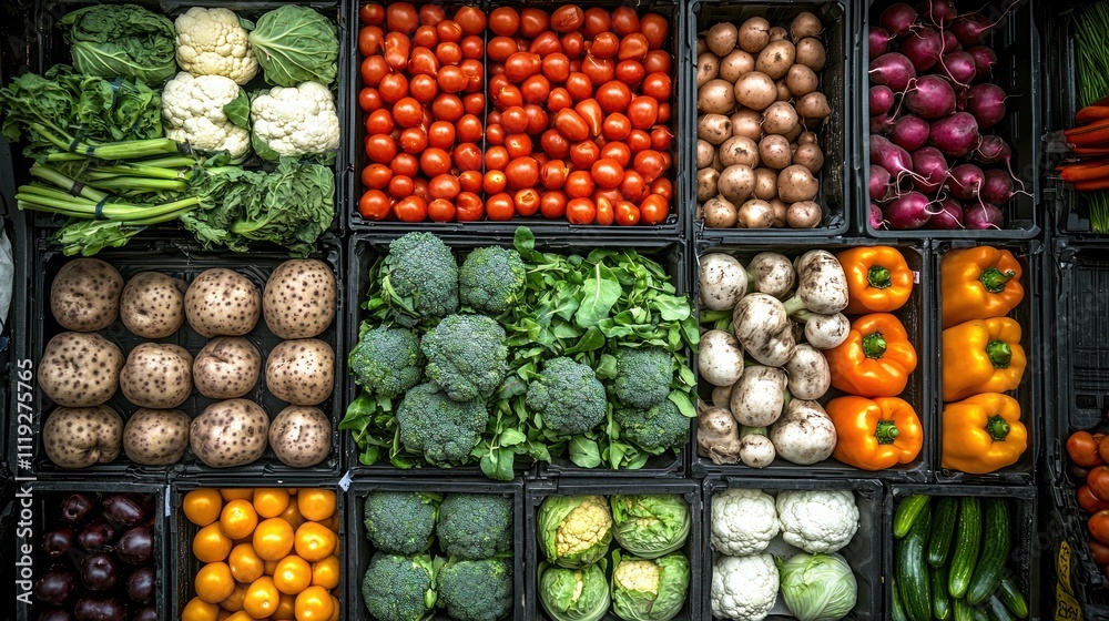 A farmer’s market stall featuring an assortment of fresh vegetables, neatly arranged in rows. A farmer’s market stall featuring an assortment of fresh vegetables, neatly arranged in rows.