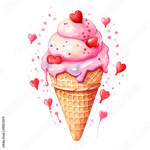 A whimsical vector illustration of a pink strawberry ice cream cone with a cherry on top, perfect for birthday celebrations