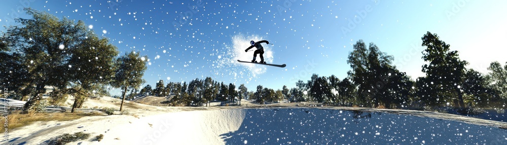 Naklejka premium A snowboarder performs a jump in a snowy landscape, showcasing winter sports and action.