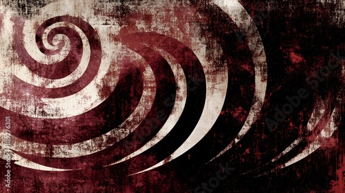 This image features an abstract grunge design with a spiral and curved lines. The dark red and black background has distressed textures, giving it a worn vintage look. White lines contrast sharp