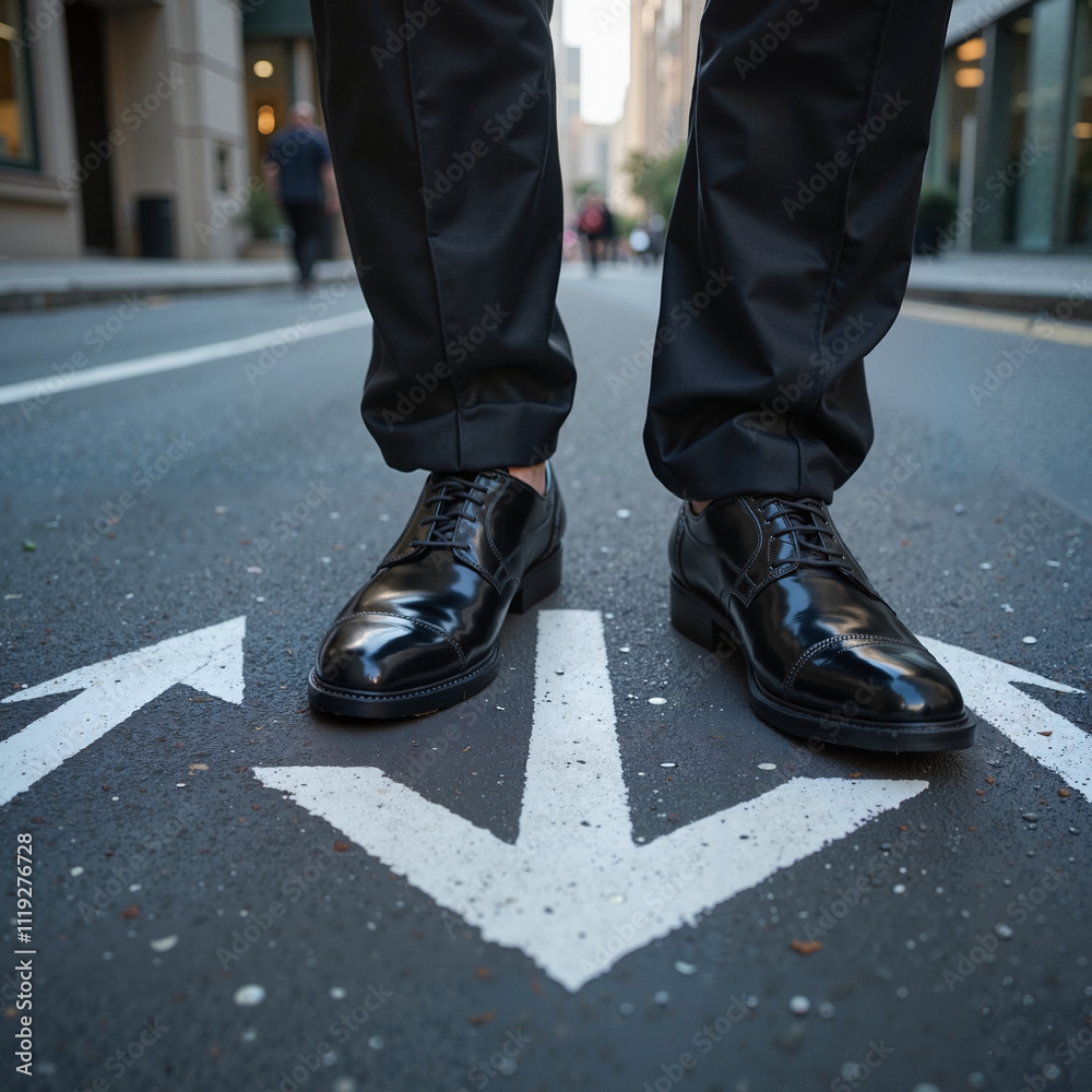 Man standing on directional arrows in city street, decision-making concept