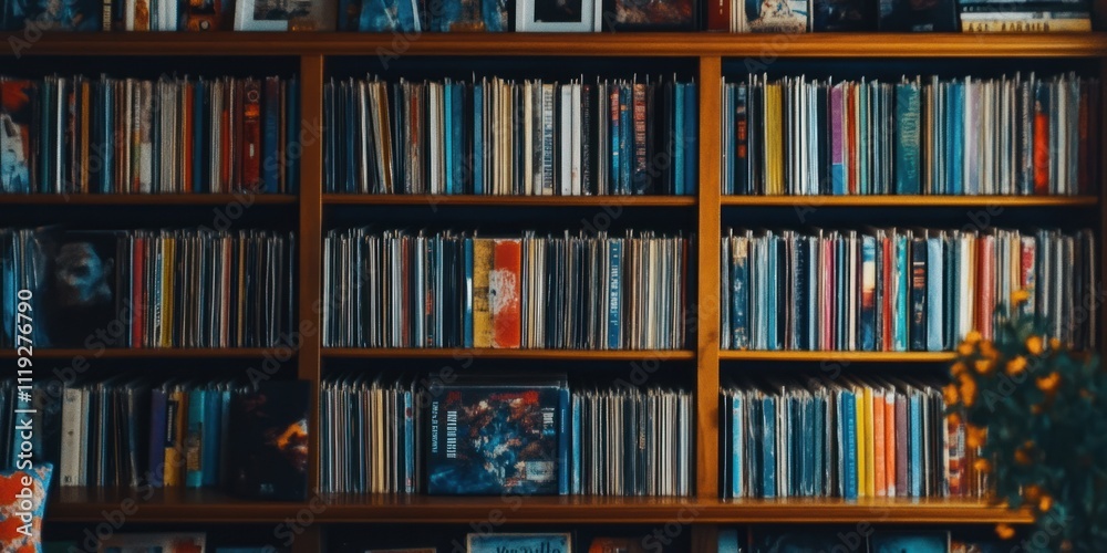 A wooden bookshelf filled with various colorful vinyl records and framed photos. A wooden bookshelf filled with various colorful vinyl records and framed photos.
