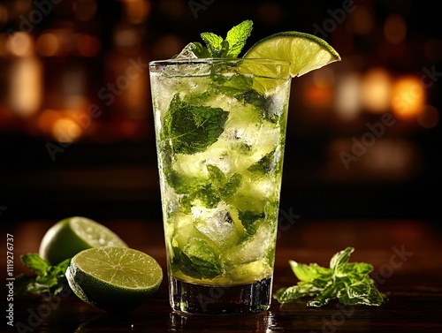 A refreshing mojito cocktail garnished with mint leaves and lime, served in a tall glass, perfect for summer relaxation.