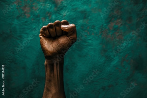 Dark skinned person raising clenched fist in front of teal background