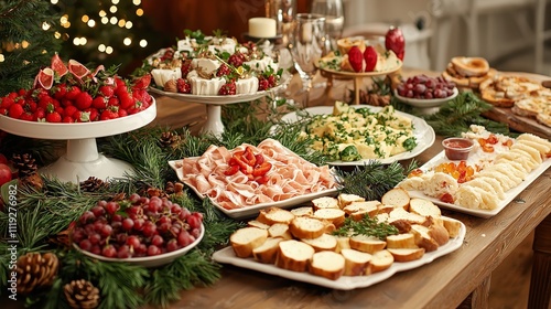 A traditional New Year’s feast table with festive food and decorations