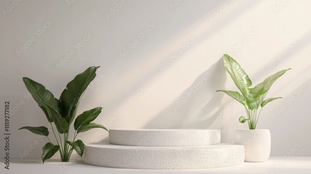 Minimalistic White Background Podium with Single Stone and Green Plant for Product Showcase Generative AI Minimalistic White Background Podium with Single Stone and Green Plant for Product Showcase Generative AI