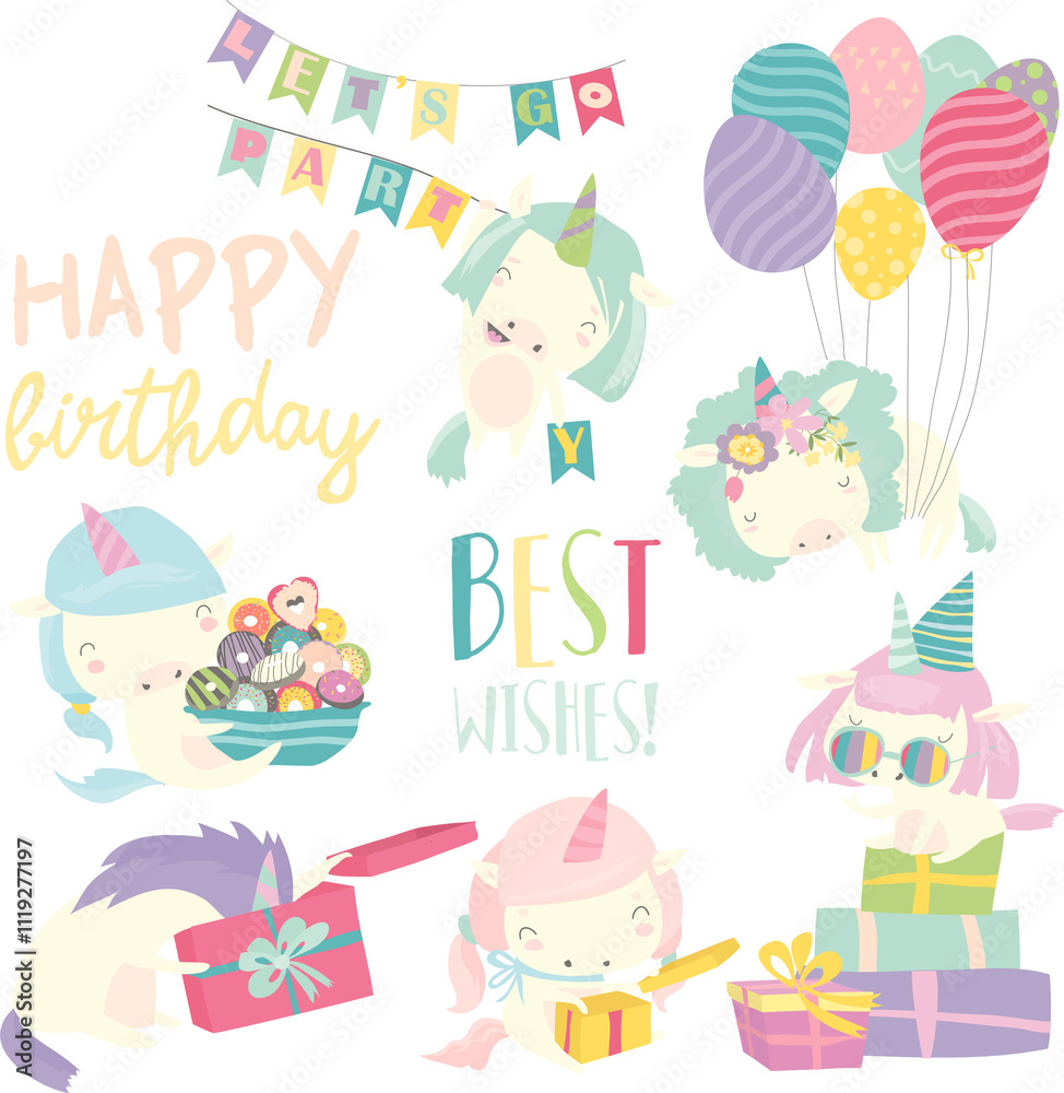 Vector set illustration of cute white unicorns with birthday theme Vector set illustration of cute white unicorns with birthday theme
