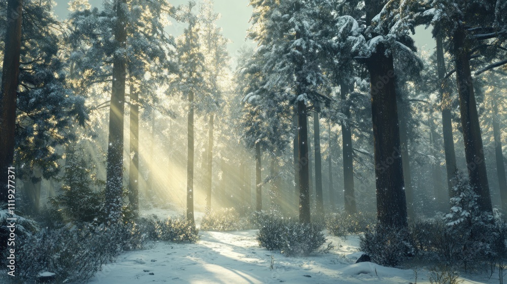 Obraz premium Enchanted Winter Forest: Sunbeams Dance Through Snow-Covered Pines