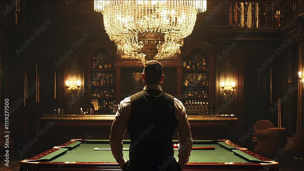 back view of successful man standing beside pool table with at bar