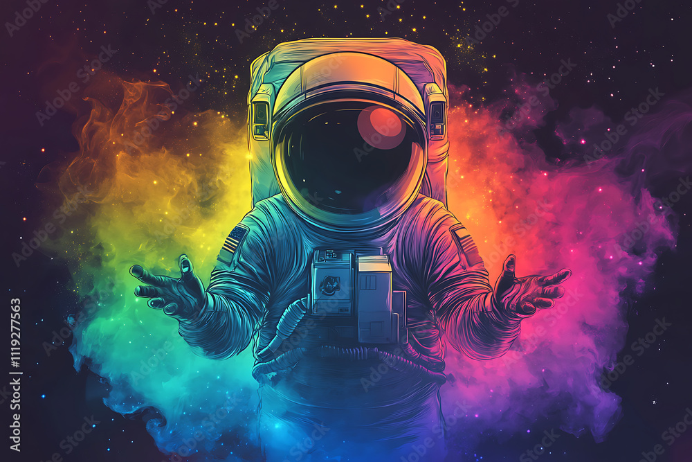 A vibrant astronaut surrounded by colorful cosmic clouds. A vibrant astronaut surrounded by colorful cosmic clouds.