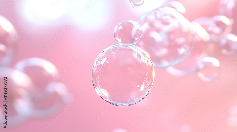 Floating bubbles create a serene atmosphere against a soft pink background in this tranquil setting