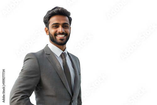 Confident Indian professional with city skyline in background,isolated on transparent and white background.PNG image photo