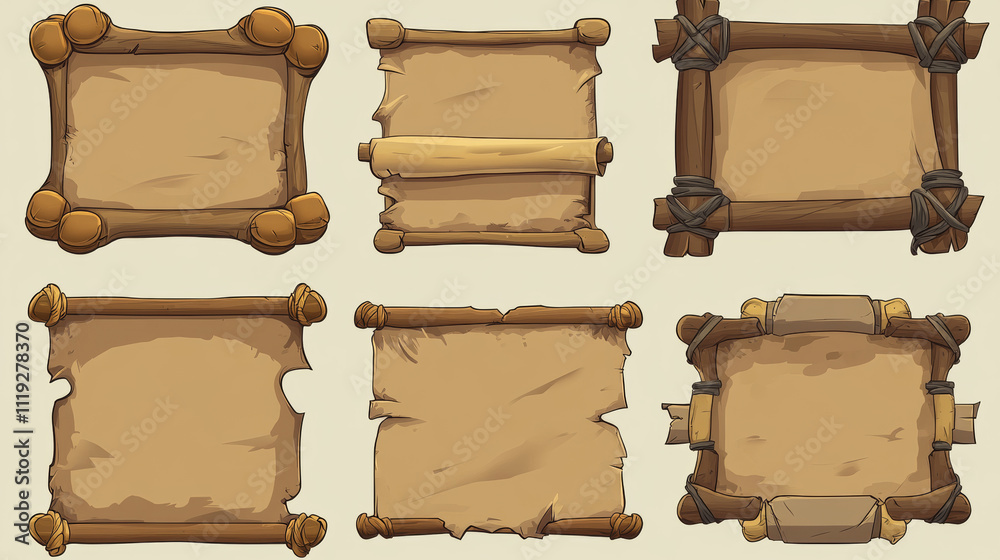 Parchment scroll for game ui design. Cartoon vector illustration set of rolled empty old papyrus frames. Blank brown ancient paper for message or treasure map concept. Vintage manuscript sheet. Parchment scroll for game ui design. Cartoon vector illustration set of rolled empty old papyrus frames. Blank brown ancient paper for message or treasure map concept. Vintage manuscript sheet.