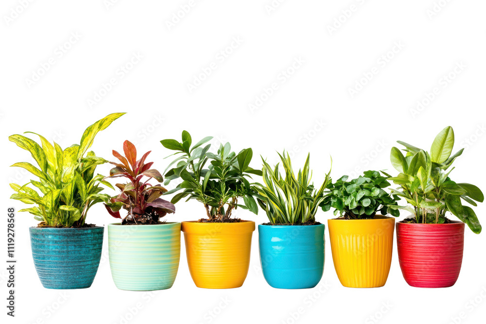 Obraz premium Plants in colorful pots, brightening up living spaces with vibrant hues, isolated on transparent and white background.PNG image 