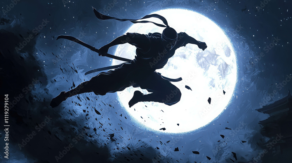 Dynamic Ninja Silhouette in Air Against Full Moon at Night with Intense Atmosphere Dynamic Ninja Silhouette in Air Against Full Moon at Night with Intense Atmosphere