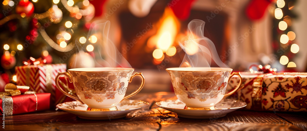 A delightful scene showcasing two elegant tea cups filled with steaming tea. A delightful scene showcasing two elegant tea cups filled with steaming tea.