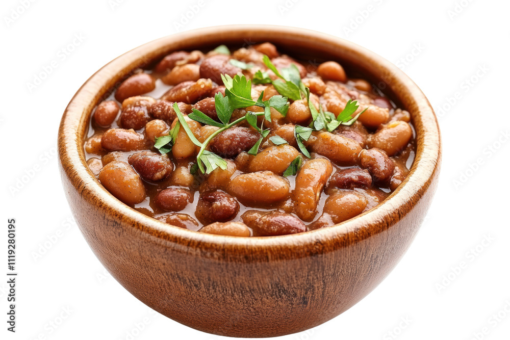 Hearty Bean Stew in Wooden Bowl: A rustic wooden bowl overflows with a savory bean stew, featuring a medley of colorful beans, rich broth, and fresh parsley garnish.  