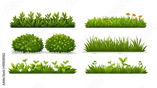 Green bush and grass border cartoon illustration. Garden tree plant icon set. Simple comic foliage fence with flower for game. Botany graphic asset for landscape or outdoor park hedge summer design