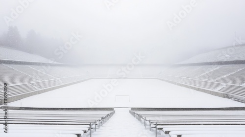 Stadium engulfed in a winter storm, showcasing resilience and unity amidst challenging conditions.