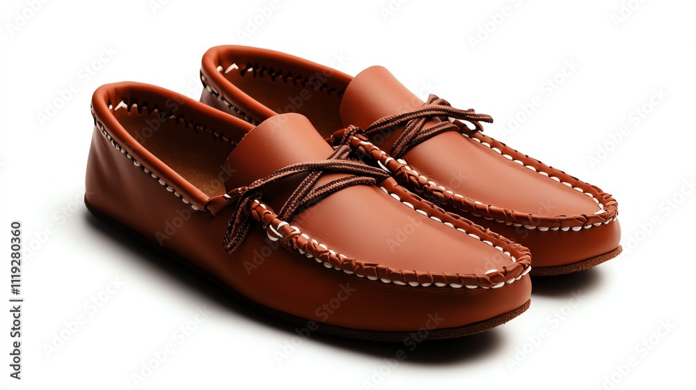 Stylish brown leather moccasin shoes on a white isolated background. Stylish brown leather moccasin shoes on a white isolated background.