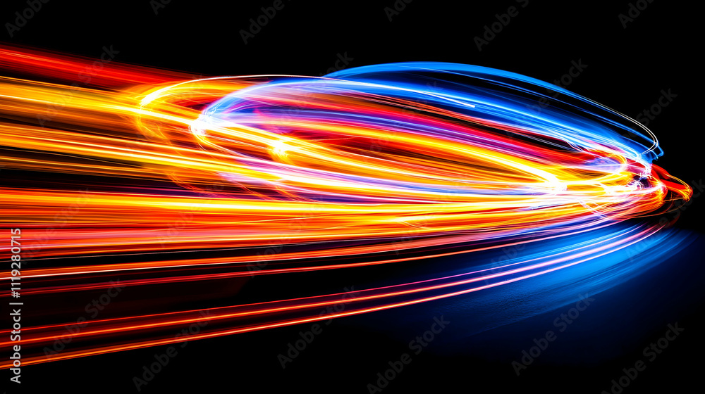 Abstract light trails in vibrant red, orange, and blue streaks on black background. Abstract light trails in vibrant red, orange, and blue streaks on black background.