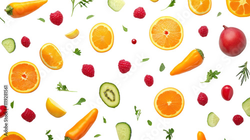 Wallpaper Mural Vibrant Fruit and Vegetable Pattern: A cheerful and healthy flat lay featuring a vibrant mix of sliced oranges, raspberries, kiwi, peppers, and cucumber. Torontodigital.ca