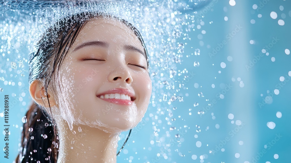 Radiant Chinese Woman with Lustrous Flowing Hair in Water Shower Radiant Chinese Woman with Lustrous Flowing Hair in Water Shower