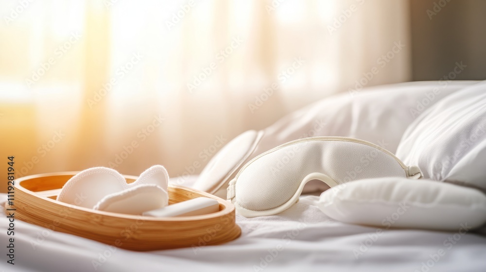 Some sleep AIDS, such as eye masks and earplugs, are arranged on a simple wooden bedside table. Promotes relaxation and restful sleep and a peaceful night's sleep Some sleep AIDS, such as eye masks and earplugs, are arranged on a simple wooden bedside table. Promotes relaxation and restful sleep and a peaceful night's sleep