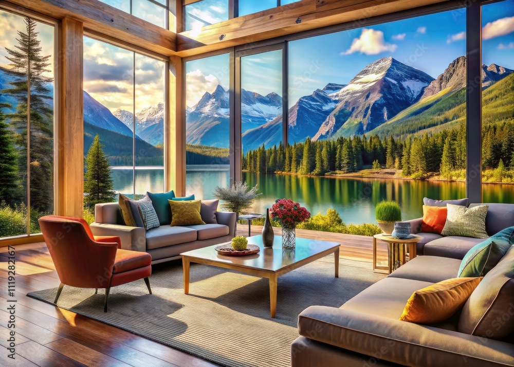 Fototapeta premium Luxury Mountain Lake House Airbnb Living Room: Stunning Mountain Views & Cozy Interior