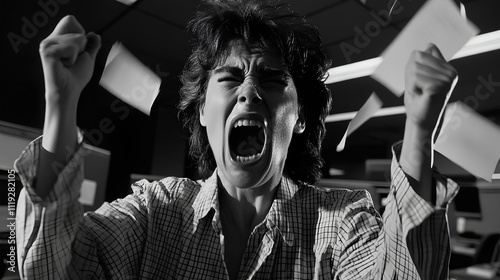 A dramatic black and white photo of a woman screaming in frustration, surrounded by papers.