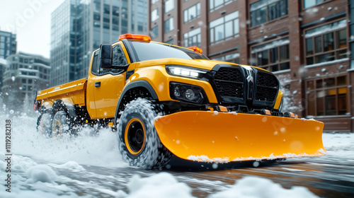 A yellow snow plow driving down a snowy street in the city photo