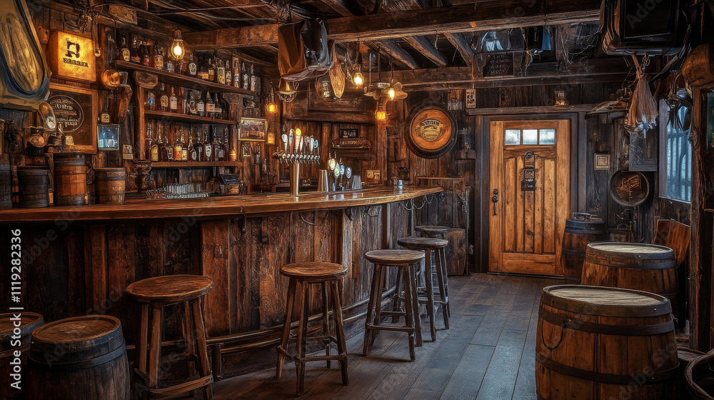 Western tavern and saloon interior elements. Cartoon set of old west cowboy pub furniture and stuff - wooden entrance door and bar counter, chair and stool, glass bottles and wood barrels with beer.