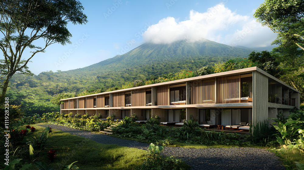 A modern, two-story building nestled in lush greenery with a majestic mountain in the background, surrounded by tropical plants and trees, under a partly cloudy sky. A modern, two-story building nestled in lush greenery with a majestic mountain in the background, surrounded by tropical plants and trees, under a partly cloudy sky.