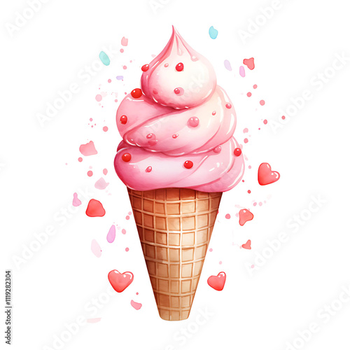 A delicious scoop of strawberry ice cream, drizzled with chocolate, sits atop a crispy wafer cone on a white background, a perfect summer treat