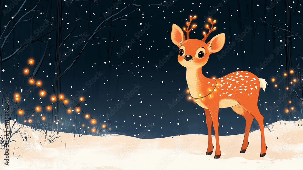 Cute deer illuminated with Christmas lights in a winter scene Cute deer illuminated with Christmas lights in a winter scene