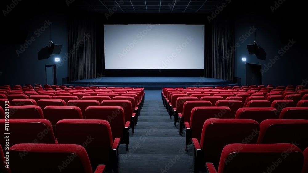 Cinematic experience in a red theater movie watching indoor venue empty environment wide angle view entertainment concept Cinematic experience in a red theater movie watching indoor venue empty environment wide angle view entertainment concept